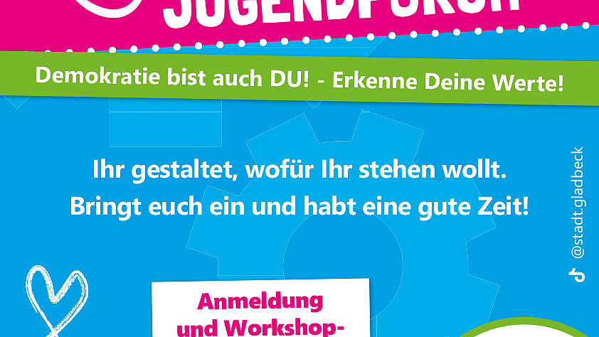 Das blaue Plakat auf des 2. Gladbecker Jugendfourm am 27. Februar 2026 in der Ingeborg Drewitz Gesamtschule. 
