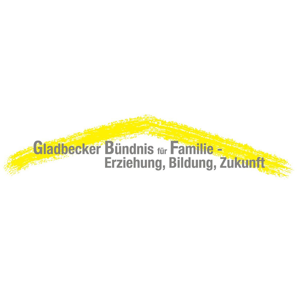 Logo des Gladbecker Bündnisses für Familie - Erziehung, Erziehung, Bildung, Zukunft hat ein gelbes Dach über dem Schriftzug.