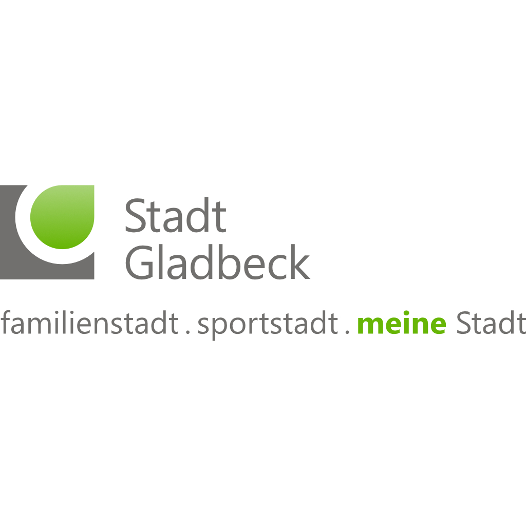 Das Logo der Stadt Gladbeck ist ein graues Quadrat mit einem grünen, runden, blattförmigen Tropfen oben rechts, daneben der Text Stadt Gladbeck, darunter Familienstadt, Sportstadt, meine Stadt. 